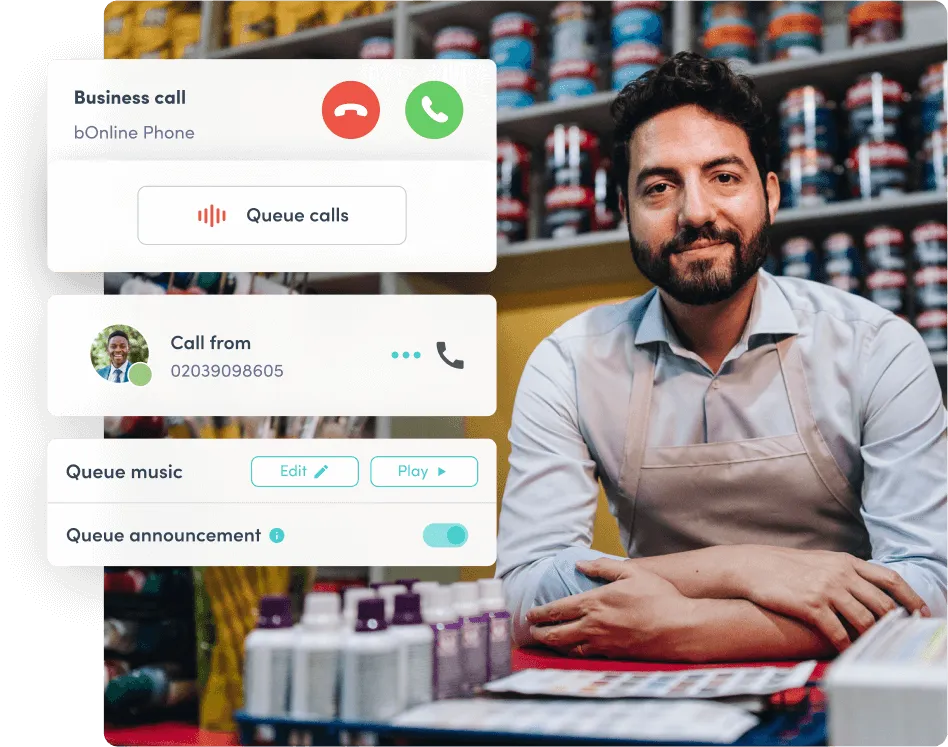 Retail business owner at paint shop counter with VoIP call queue interface on screen, showcasing call handling features