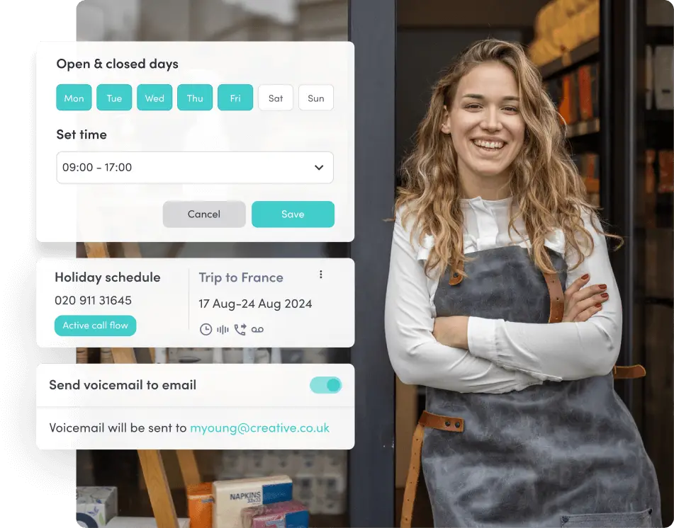 Business owner standing confidently outside her shop, next to a display showing VoIP features like setting business hours, holiday voicemail scheduling, and email forwarding