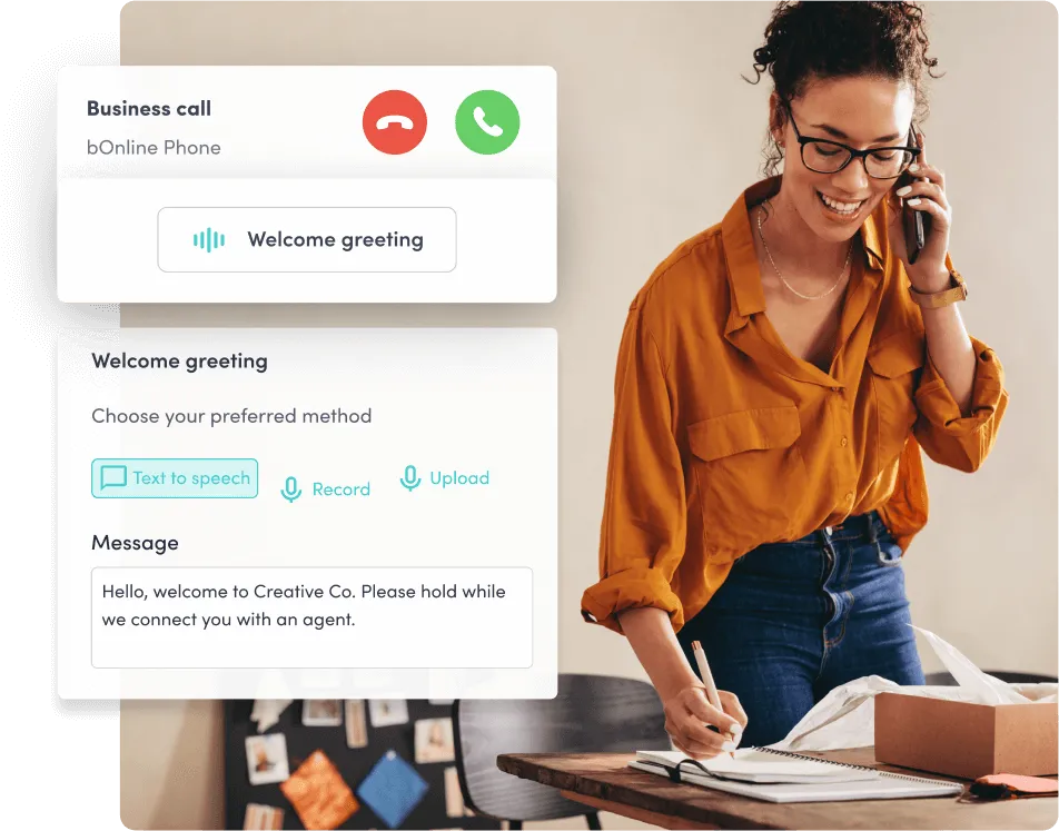 Smiling businesswoman taking a phone call while reviewing notes, next to a graphic showing VoIP welcome greeting options