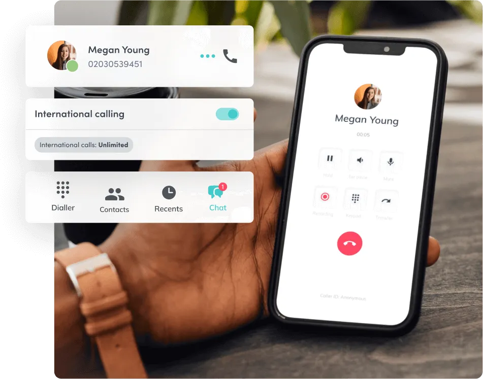 Mobile phone showing bOnline VoIP features that enable working from anywhere, including call recording, voicemail, and HD calling controls